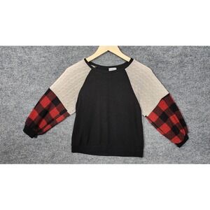 12PM Sweater Girls XL 10 Black Buffalo‎ Plaid Colorblock Raglan Knit USA Made